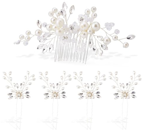 5PCS Bridal Side Combs, Rhinestone Crystal Pearl Hair Accessories for Bride Bridesmaids, Copper Wire Wedding Hair Clips for Prom Party Formal Dresses