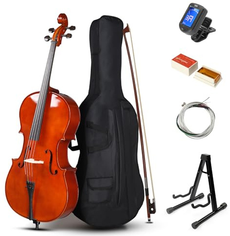 Ktaxon Full Size Cello, 4/4 Solid Wood Acoustic Cello with Sturdy Stand, Portable Bag, Premium Rosin and Extra String, Full Equipment for Intermediate Players (Varnish)