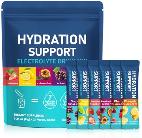 Rapid Rehydration Electrolytes Powder, Vitamin C, B3, B5, B6, B12 Supplement Sachet Drink, Sugar Free, Zero Calorie, Vegan Friendly, 6 Flavors,24 Pack
