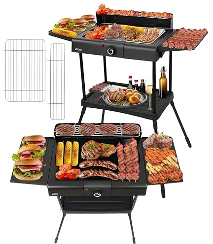 2-i-1 elektrisk grill, stående grill, bordsgrill, elektrisk 2 400 watt, elektrisk grill för balkong, utomhus och inomhus, med stativ, stora grillfack, steglös temperaturregulator, elektrisk BBQ grill