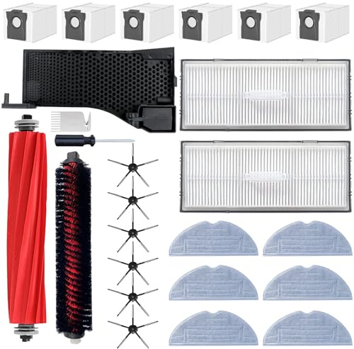 Kryvella 25 Stück Zubehör Set für Roborock S7 MaxV Ultra/S7 Pro Ultra | Wasserfilter & Reinigungsbürste Assembly Zubehör & 1x Hauptbürste, 6x Seitenbürsten & Staubbeutel & Wischpads, 2x HEPA-Filter