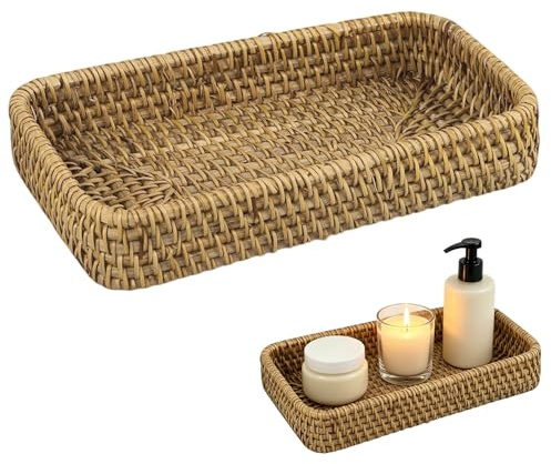 ChAusa 21×11 x 4cm Agua Bandeja Baño, Rectangular Decorativo Vaciabolsillos | Tono de Madera Natural Cestas de Mimbre para Almacenar Artículos Pequeños, Perfume y Cosméticos