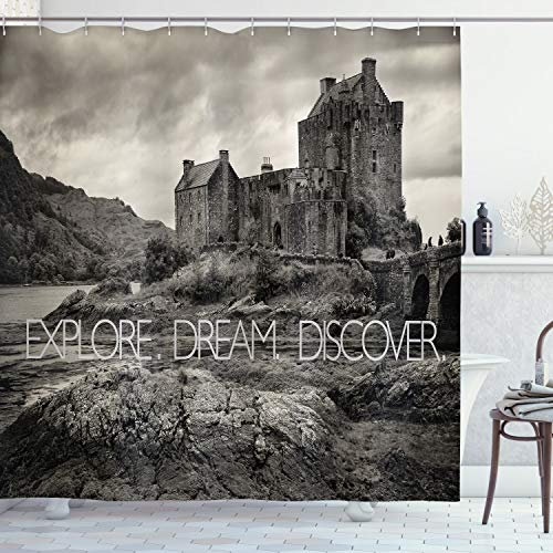 ABAKUHAUS Traum Duschvorhang, Eilean Donan Castle Schottland, Stoffliches Gewebe Badezimmerdekorationsset mit Haken, 175 x 180 cm, Dunkle Taupe und Pale Grau