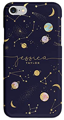 Tirita Personalised Initials Custom Hard Phone Case Compatible with iPhone 7 Plus & 8 Plus PRINTED GLITTER, NOT REAL GLITTER Space Stars Moon Planets Navy Blue Constellation