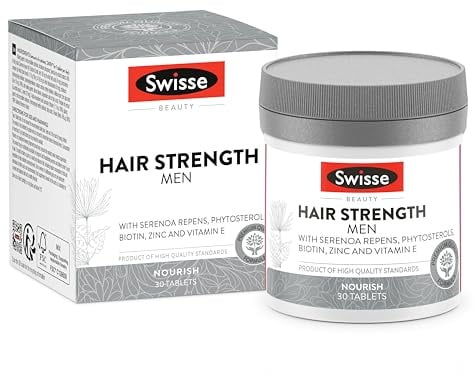 SWISSE Hair Strength Men - Nahrungsergänzungsmittel Männer mit Zink Biotin Vitamin E 30 Kapseln, Vitamine Mineralien Ergänzungsmittel, Haarwachstum Beschleunigen Verhinderung Haarausfall