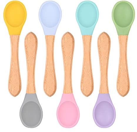 Vicloon Cuillères de Sevrage, 7pcs Cuillères pour Bébé en Silicone Extra Doux et Bambou Naturel, Anti-dérapant Ultra-douce Manche Long et Ergonomique, pour L'auto-alimentation de Bébé et Tout-petit