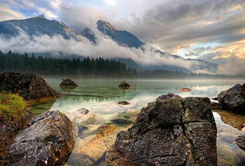 Fototapete Mountain Lake Vliestapete See Berge Wald Baum Natur Alpen in grün grau blau weiß 384 x 260 cm XXL Wandtapete Wandbild 118965