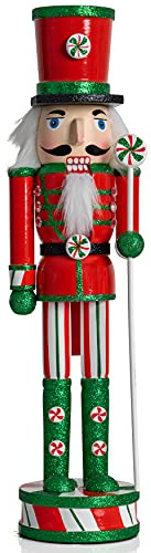 Ornativity Wooden Peppermint Christmas Nutcracker - Red, White and Green Glitter Candy Themed Xmas Holiday Nut Cracker Doll Figure Toy Soldier Decorations 15
