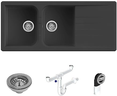 Quareco Prime 116 Lavello da Incasso Granito Nero 116x50 2 Vasche con Gocciolatoio QLP116NE