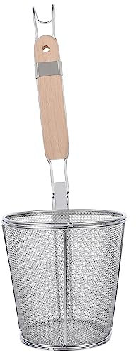 DOITOOL Stainless Steel Spider Strainer Mesh Pasta Basket with Wooden Handle - Multi-purpose Deep Basket for Pasta, Noodles, Dumplings & More - 12cm Mesh Skimmer