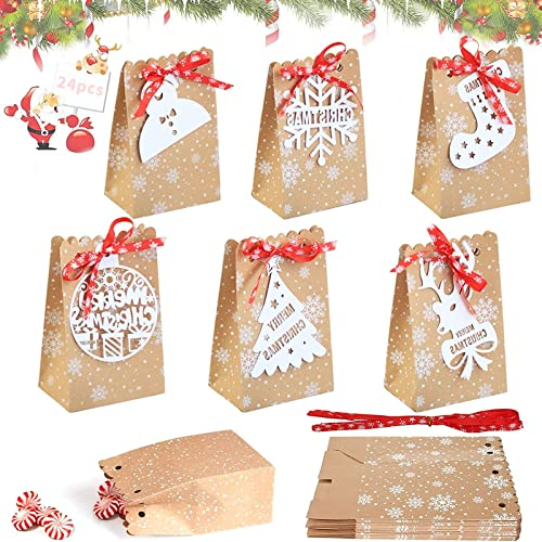 Weihnachten Geschenktüten, 24 Stück Adventskalender zum Befüllen, Papiertüten Weihnachtstüten Weihnachten Geschenktüten, Geschenktüten Weihnachten,Kraft Papier Geschenk Tüten für Weihnachten Party (B)