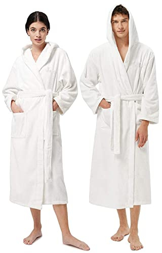 NAUSHA.HOME Unisex Hooded Bathrobe Dressing Gown Terry Toweling 100% Cotton - One Size Free Size - Perfect For Hotel & Spa - Super Soft Stylish Bathrobe 9 Attractive Colors Feel Luxurious (White)