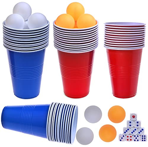 Faburo Plastic Party Cups, Pack of 60 Reusable Plastic Cups for Party Games Adult for American Games(16 oz, 480 ml), 60 Red Blue Disposable Cups, 10 Ping Pong Balls, 10 Dice