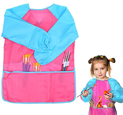 YOUYIKE Malschürze Kinder, Malkittel Bastelschürze 3-7 Jahre,Wasserdichte Langarm Malkittel kinder mit 3 Taschen für Schule Kunst Malerei, Kochen,Essen,Laboraktivität (1 Stück rosa)