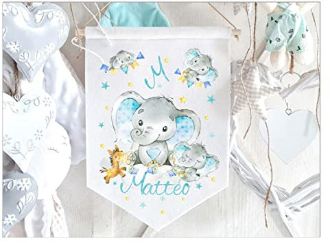 Namensschild Türschild fürs Kinderzimmer - Personalisiert Elefant Jungen Babygeschenk Filz Wimpel Name Deko