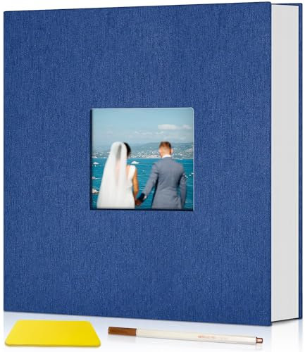 Popotop Fotoalbum selbstklebend mit Bildanzeigefenster, 60 Seiten DIY Scrapbook Album für 10x15 Bilder, Leineneinband Erinnerungsbuch für Baby Hochzeit, mit Scraper und Metallic Stift