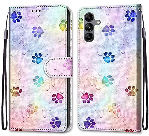 Samsung Galaxy A14 Case Flip Shockproof Leather Folio Book Wallet Case with Card Holder Stand Silicone Bumper Protector Cover for Samsung A14 5G/4G Phone Case for Girls Kids, Dog Footprints
