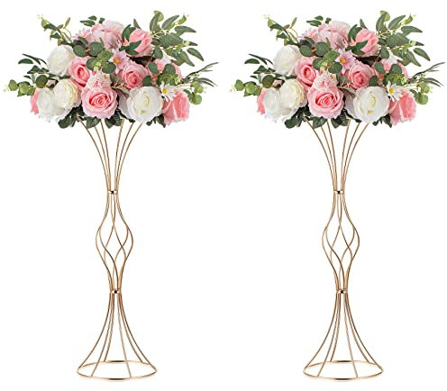 NUPTIO Centrotavola per Tavoli Oro: 2 Pezzi Vaso A Tromba Alto 66cm Centrotavola Metallo Fiori Appoggio per Matrimonio Anniversario Festa Compleanno Evento Corridoio Casa Ricevimento Decorazioni