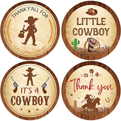64PCS Cowboy Dankeschön-Aufkleber, Western Baby Shower Dekorationen für Jungen, Little Cowboy Baby Shower Party Zubehör für Rodeo Thema Baby Shower