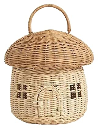 Rattan-Aufbewahrungskorb, Pilzförmiger Gewebter Korb mit Deckel, Dekorativer Gewebter Griffkorb, Obstkorb, Badezimmerregal-Organizer für Kinderzimmer, Wohnzimmer-Dekoration(Pilz)
