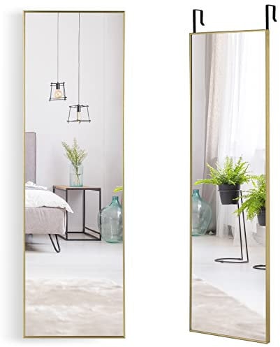 COSTWAY Over the Door Mirror, 120x37cm Full Length Hanging Mirrors with Adjustable Hooks and Aluminum Alloy Frame, Wall Mounted Dressing Mirror for Bathroom, Bedroom and Wardrobe (Gold)