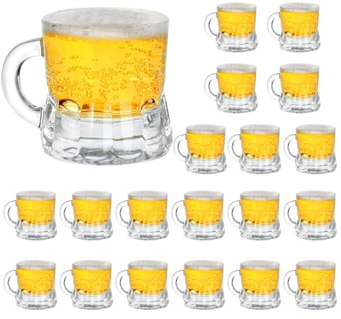 JuXinDa JUXINGDAZYF Mini Beer Mugs, 20 Pcs Real Glass Shot Glasses, 1 Oz Clear Beer Glass with Handles Heavy Base Beer Stein Tasting Glasses for Beer, Whiskey, Tequila, Vodka