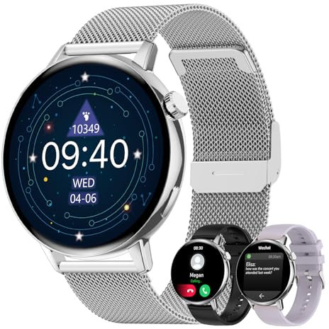 Smartwatch Donna Uomo Rotondo Chiamata e Risposta Notifiche Messaggi,Orologio Fitness Tracker Sportivo Contapassi con Cardiofrequenzimetro Cronometro Sonno,3 Cinturino Smart Watch per Android iOS