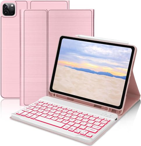 WAVATA Teclado para iPad Air 11'' M2 2024, Funda para iPad Air 5 Gen y iPad Air 4, Teclado Español Ñ para iPad Pro 11'' 4/3/2/1 Gen, Teclado Bluetooth Inalámbrico Retroiluminado Desmontable, Rosa