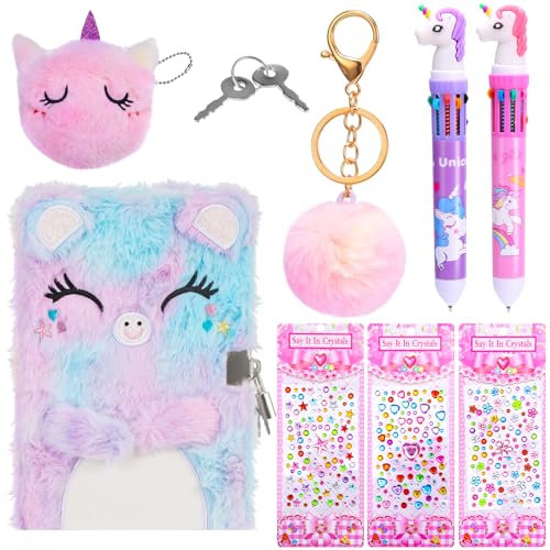 Zuimei Diary with Lock for Girls‘s Secret Diary Fluffy Notebook Unicorn Pen Stationery Sets for Girls Pink Coin Purse Keychain Stickers Ballpoint Pen for Teenager Kids Writing Drawing