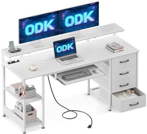 ODK Schreibtisch mit 4 Schubladen, Computertisch mit 2 Steckdosen und 2 USB Ladeanschluss, PC Tisch mit Regal, Gaming Tisch mit Tastaturablage fürs Büro, Wohnzimmer (Weiß, 140x52x92cm)