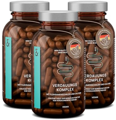 3er Set - Flohsamenschalen Kapseln mit 2200mg Flohsamenschalenpulver je Tagesdosis, Kümmel & Fenchel Extrakt - Komplex für die Verdauung mit Calcium - 120 Flohsamen Kapseln Vegan