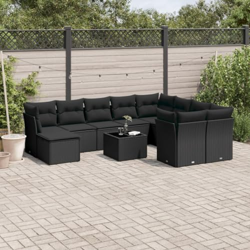 ULUYYUC 11-TLG. Garten-Sofagarnitur, Küchensofa Gartenbank Eckbank Küche Hocker Geeignet für Balkon Hinterhof Außenbereich Garten mit Kissen Schwarz Poly Rattan