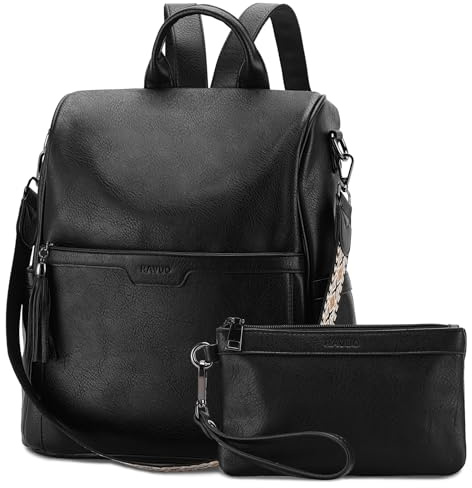 RAVUO Rucksack Damen, Anti Diebstahl Pu Leder Rucksack Tasche 2 in 1 Elegant Cityrucksack Wasserdicht Rucksackhandtasche mit Geldbörse für Frauen Mädchen,Schwarz