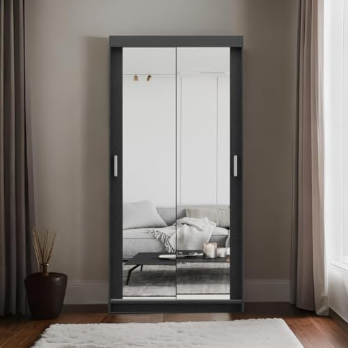Eluks Sky 100cm Double Mirror Sliding Door Wardrobe Optional Drawers 2 Hanging Rail White/Black/Sonoma/Grey (Black/No drawers)