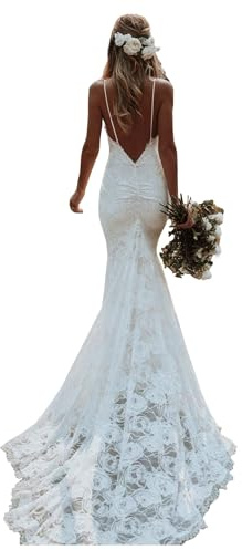 YIANN Vestido de novia con cuello en V de sirena bohemio de encaje con cuello de novia con tren, blanco, 36