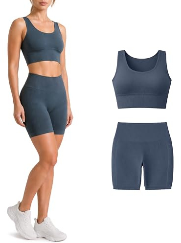 Risalti Sport Set Damen Workout Ilena - Fitness Outfit RIPP Top, High Waist Radlerhose, Kurz Biker Shorts Mikrofaser Sportbustier - Made in Italy