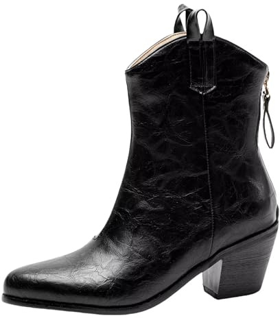 HSyc JRX Damen Cowboy Stiefel mit Reißverschluss Hinten Blockabsatz Stiefeletten Ankle Boots