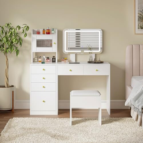 Hello-5ive Dressing Table with Stool - 2 Shelves and 6 Drawers, Touch Screen Makeup Mirror with Adjustable Height and 3-Color Dimmable Lights, 120cm Bedroom Vanity Desk for Makeup and Storage, White