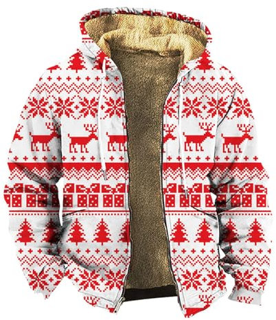 Taglie Forti Felpa Zip Uomo Con Tasche - Vestito Babbo Natale, Neoprene, Albero di Natale - Giacca Invernale Stampa Rosso - Maglione Per Lavoro - Full Zip - Gilet Natalizio