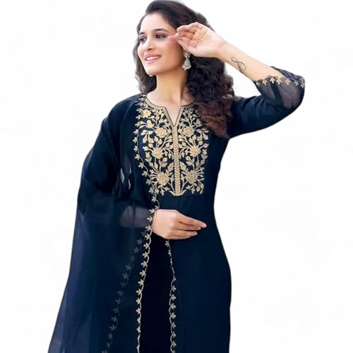 RangMahal - Set di pantaloni kurta indiani fatti a mano, in puro cotone, ricamati, da donna