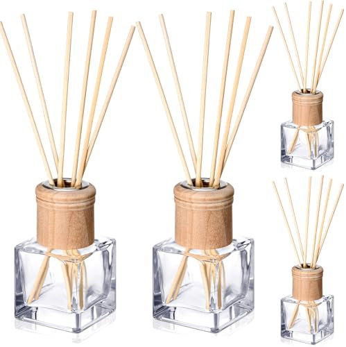 Roshtia Juego de 4 botellas difusoras de varillas vacías de fragancia, botellas difusoras de vidrio recargables, juego de botellas difusoras con tapas de madera, varillas de ratán, 50 ml, tarros de