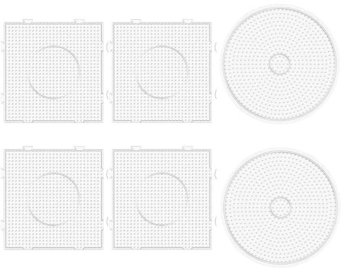 Barlone 6 Stück 5mm Bügelperlen Platten Groß, Bügelperlen Steckplatten 4 Quadrat 13,5x13,5cm, Stiftplatten für Bügelperlen 2 Rund Durchmesser 15cm,Bügelperlen Zubehör Stiftplatte Midi für DIY Projekte