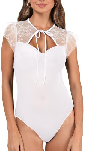 SEBOWEL Body in pizzo da donna, sexy, a maniche lunghe, in rete, con scollo a V, elegante top trasparente, C-bianco, L