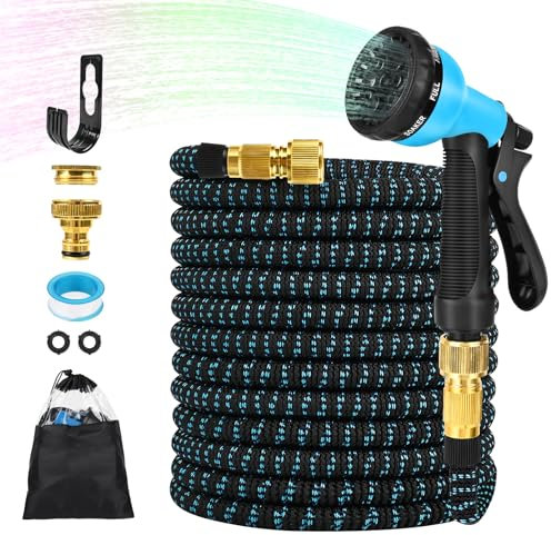 Gaethra Tubo Estensibile da Giardino 30M, Tubo Acqua Giardino in Poliestere Espandibile100 FT, Canna Acqua Giardino con 8 Getti Diversi e Raccordi in Ottone da 1/2 e 3/4, Blu