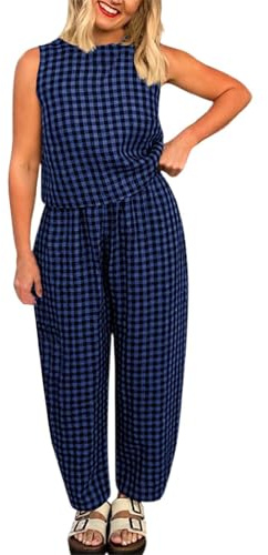 Duohropke Ensemble de pantalons pour femme - Loose - À carreaux - Sans manches - Col rond - Gilet et taille élastique - Pantalon chino Y2k - Tenues vichy confortables - Deux pièces, bleu, L