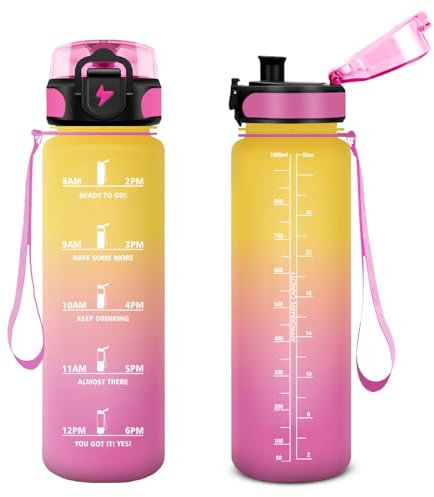 Vikastar Borraccia, 1 Litro, Borraccia Sportiva, Borraccia Motivazionale, Senza BPA, Bottiglia Acqua per Sport, Fitness, Yoga, Scuola, Ufficio, Giallo-Rosa
