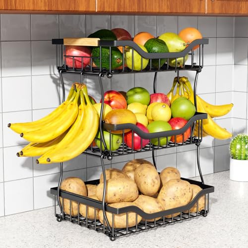 OKZEST 3-stöckiger Obstkorb für Küchentheke, wandhängende Obstschale und Küchenarbeitsplatten-Organizer mit 2 Bananenhaken, Obstaufbewahrungshalter zur Aufbewahrung von Kartoffeln, Zwiebeln, Snacks
