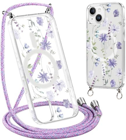Krdvekm Coque avec Cordon pour iPhone 14 Plus 6,7'', Aesthetic Fleur Motif Magnétique Transparente PC Compatibilité avec MagSafe Cover avec Laniere Accroché Housse Antichoc Protection Case, Violet