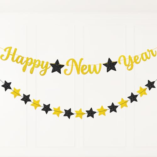 PartyYaa Silvester Deko, Neujahr Girlande für 2026, Party Flagge Set Dekorationen für drinnen und draußen (Schwarz Gold)