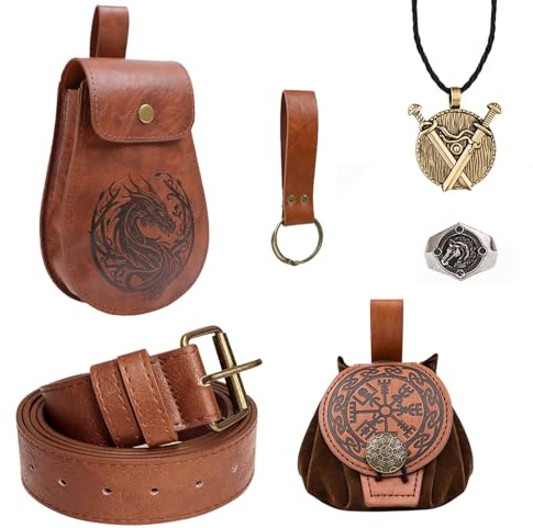 INQUIRLLY 6 Stück Mittelalterlicher Wikingergürtel Wikinger Kleidung Damen Herren Accessoires Set mit Kunstledertasche Vintage Renaissance Gürteltasche Mittelalter Kleidung Renaissance Kostüm Zubehör